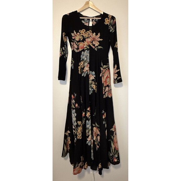 Free People First Kiss Black Garden Floral Print Boho Maxi Dress Gown Small Rare - Picture 1 of 11